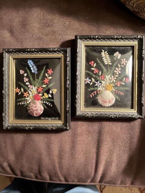 Vintage Seashell Art Floral Pictures Handmade Prof. Framed Signed Matching Set Vintage Seashell Art Floral Pictures Handmade Prof. Framed Signed Matching Set