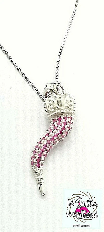 Collana con Corno cornetto  Portafortuna in Argento 925  Zirconi Rossi bombato - Immagine 4 di 4