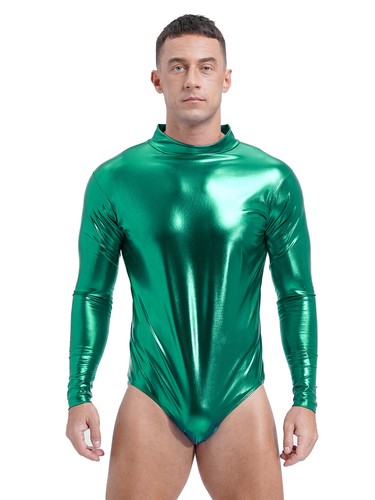 Mens Metallic Shiny Athletic Leotard Bodysuit Mock Neck Bodycon Yoga Jumpsuit - Picture 36 of 78