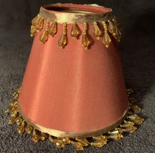 5 Antique Clip-on Mini Lamp Shades Burgundy Silky Shade Gold Color Beads 5”T 6”D - Picture 8 of 12