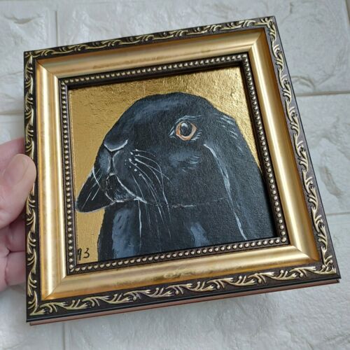 Pintura Conejo Negro Original Hoja de Oro Arte Enmarcado T Pintura Conejo - Imagen 4 de 9