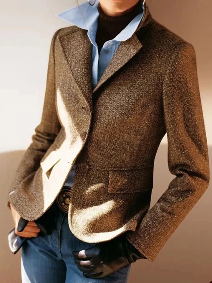 New Women Brown Vintage Herringbone Jacket Three Buttons Office Working Blazers - Image 3 of 4