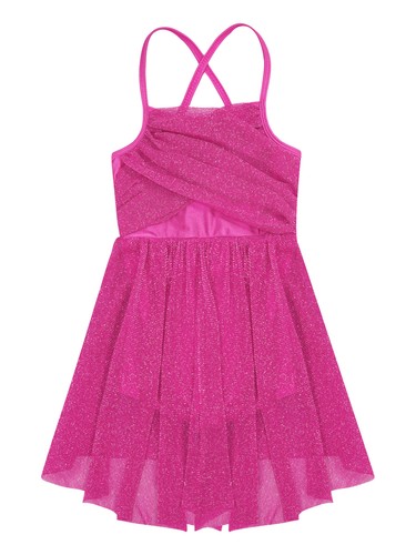 Kids Girls Glittery Mesh Overlay Lyrical Dance Dress Ruched Hem Dancewear  - Bild 65 von 79