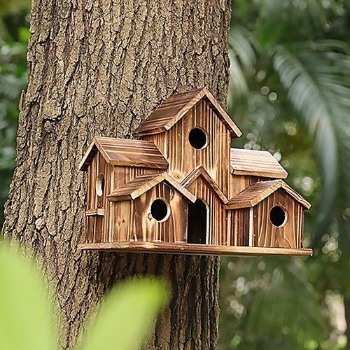 Outside Wooden Bird Houses Hanging 6 Hole Handmade Natural Bird House RH - Picture 10 of 10