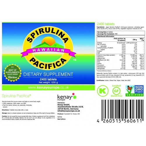 Spirulina Pacifica Cyanotech Co. Hawaii, USA 500mg 2400 tablets - Picture 2 of 2