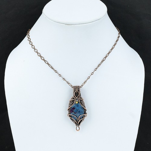 Ruby In Blue Kyanite Jewelry Copper Gift For Mum Wire Wrapped Pendant 2.48" - Picture 5 of 6