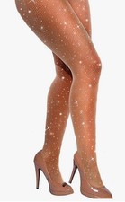 High Waist Sparkle Rhinestone Fishnet Tights  Nude Mesh Stockings