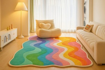 Handgetuftete Skulpturale Regenbogen Wellig Künstlerische Wolle Modern Bunt T...