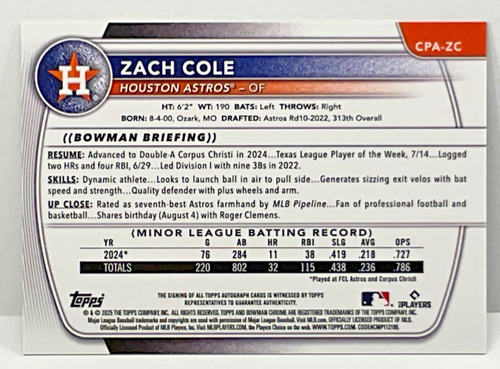 2025 BOWMAN CHROME ZACH COLE AUTO #/250 PURPLE REFRACTOR HOUSTON ASTROS - Picture 3 of 3
