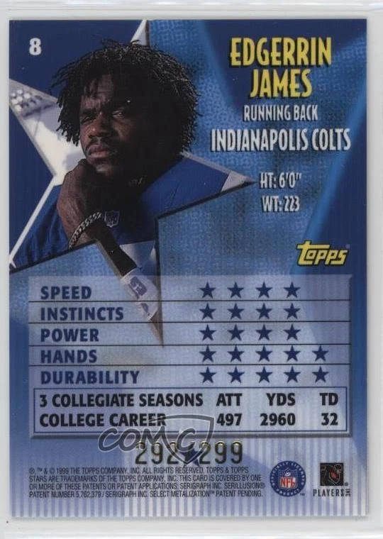 1999 Topps Stars One Star Parallel /299 Edgerrin James #8 Rookie RC HOF - Image 2 of 2