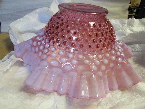 VINTAGE FENTON Cranberry Pink Opalescent 10" Hobnail Art Glass Ruffled Rim Bowl