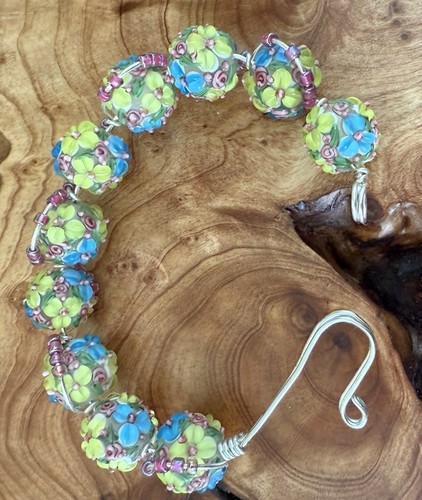 Cuff Bracelet Handmade Wire and Flower Floral Lampwork Glass Beads - Picture 4 of 7