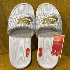 New Nike Victori One Print White/Gold/Grey Women's Slides Sandals - Size 10