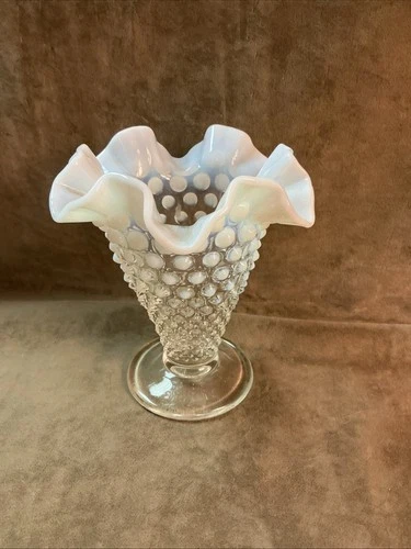Vintage 1950s Fenton art glass ruffled/crimped French Opalescent hobnail Vase
