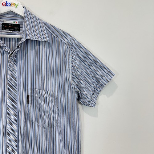 Ben Sherman Shirt Men M Slim Fit Blue Striped Button Up Italian Cloth - Picture 8 of 11