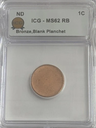 No DATE ONE Cent 1C Penny Bronze Blank Planchet ICG Graded MS62 RB Red Brown