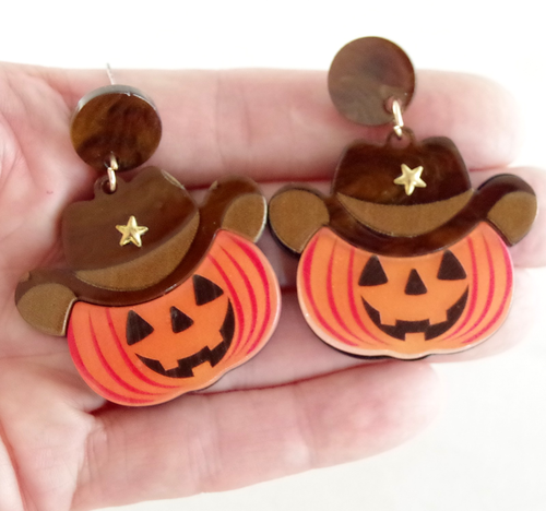 COWBOY HAT JACK-O-LANTERN PUMPKIN LAYERED ACRYLIC DROP DANGLE HALLOWEEN EARRINGS - Picture 2 of 19