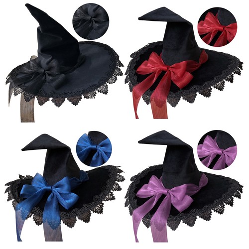 1Pc Adult Wizard Hat Lace Trim Bow Halloween Sorcerer Costume Hats Cosplay Props - Picture 2 of 23