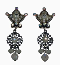 Vintage Ayala Bar Earrings White Beads AB Dangle Israel