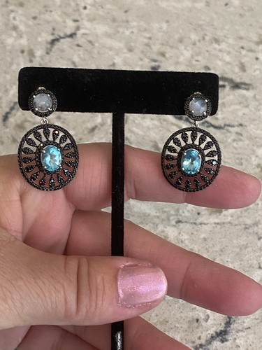 Rarities Carol Brodie Sterling Pariba Apatite, Black Spinel, Moonstone Earrings - Picture 13 of 14