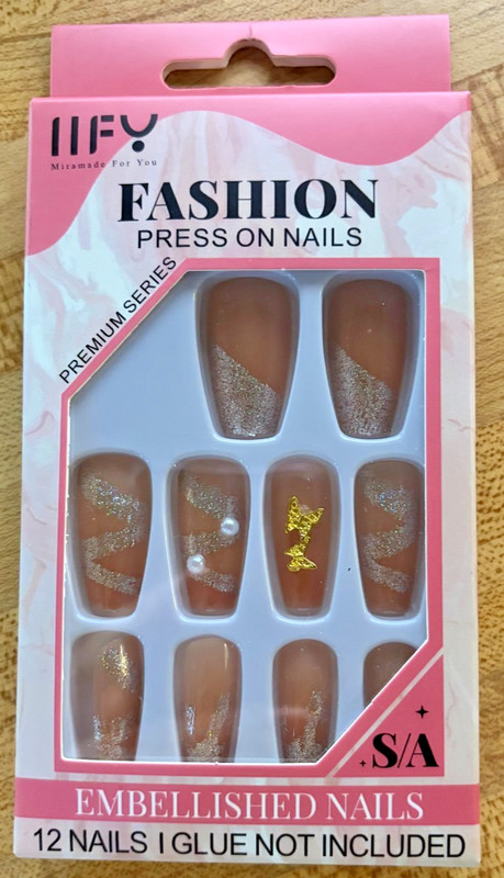 IIFY Press On Nails Nude Glitter Rhinestone Accent Medium Length 12ct No Glue