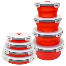 Red Collapsible Food Storage Bowls Silicone Travel Bowls with Leakproof Lids,...