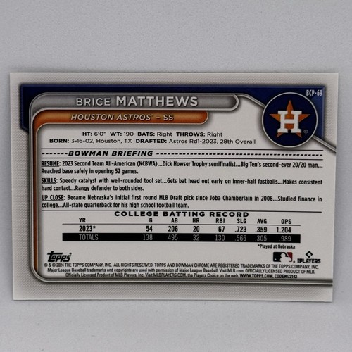 2024 Bowman - Chrome Prospects Brice Matthews 1st Bowman #BCP-69 - ASTROS (RC) - Picture 2 of 2