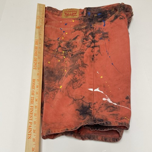 Levis 569 Denim Jean Shorts Men 34 Red Tie Dye Paint Splatter Jorts Baggy Skater - Picture 10 of 15
