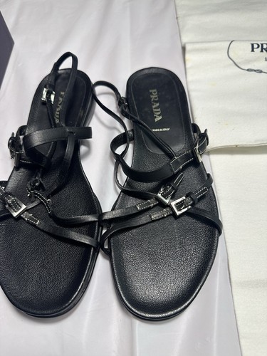 PRADA Vintage Sandals Black Women’s EU38 1/2 Calzature Donna Leather Strap Up - Picture 4 of 10