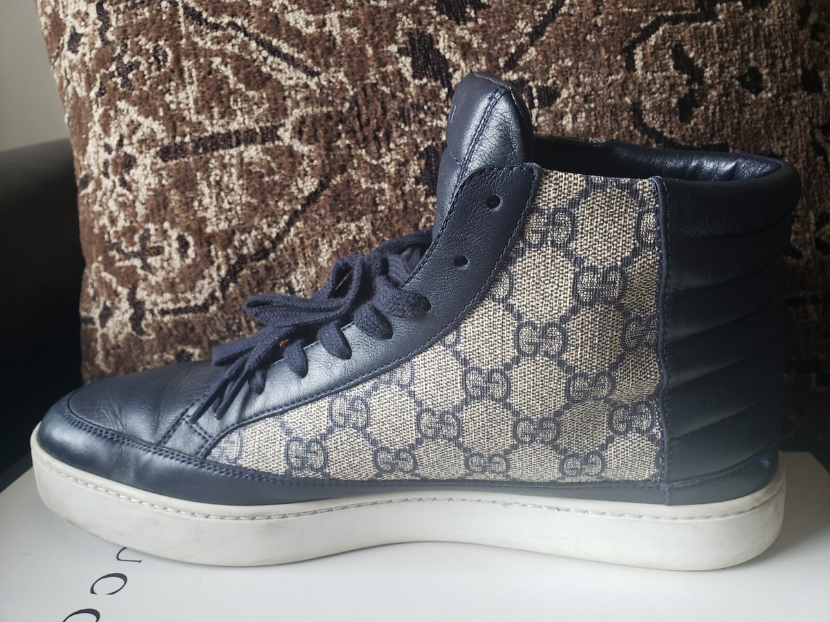 GUCCI GG Supreme Hi Top Sneaker Navy Blue & Brown Canvas Men GUCCI GG Supreme Hi Top Sneaker Navy Blue & Brown Canvas Men