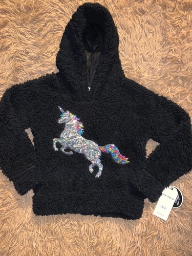 One Step Up Black Toddler Girl Sequin Unicorn Sherpa Hoodie Size 4 - Picture 2 of 6