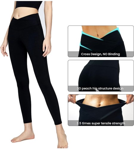 V Cross Waist Leggings für Damen - Bauchkontrolle weiche Trainingshose (schwarz, Größe: M) - Bild 4 von 8