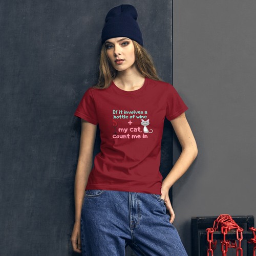 Women's Fashion Fit Funny T-Shirt - Wine and My Cat, Count Me In. - Picture 11 of 13