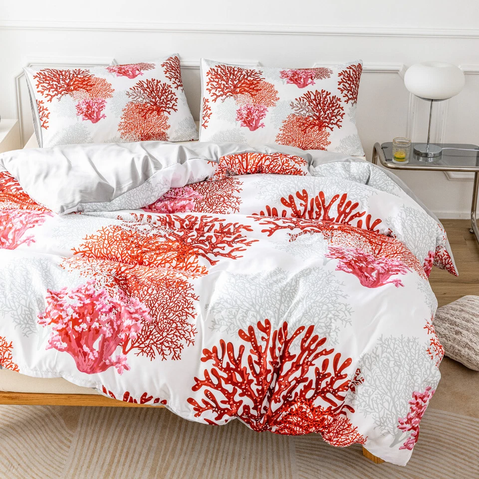 3D Tropical Red Coral Pattern Quilt Cover Set Bedding Sets Pillowcases Queen - Image 4 of 4