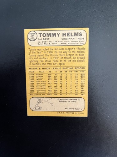 1968 TOPPS #405 TOMMY HELMS CIN REDS— CREASE FREE💥*** (wph) - Picture 2 of 2