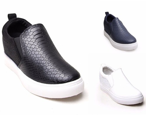 Womens Slip On Croc Skin Wedge Heel Diamante Glitter Trainers Shoes UK Sizes 3-8 - Picture 1 of 13