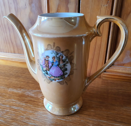 Vintage Mid-Century Japanese Made Peach/Gold Lustre Courting Couple Teapot - Picture 3 of 10