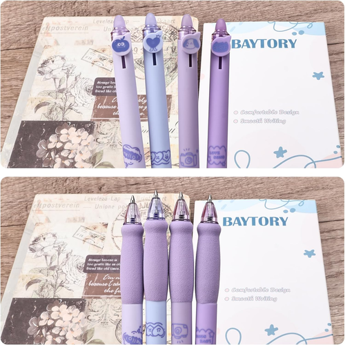 8 Pcs Cute Retractable Erasable Gel Pens Blue & Black Ink with Eraser Purple - Picture 6 of 12