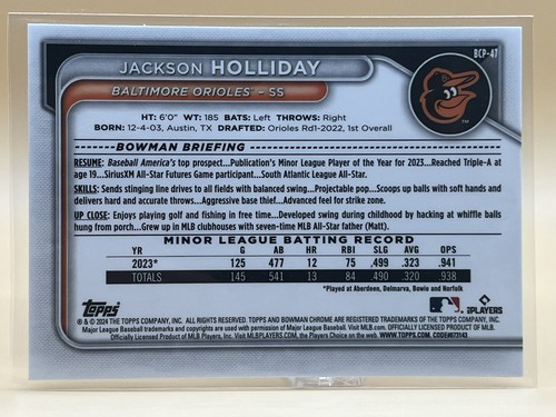 2024 Bowman Jackson Holliday #BCP-47 Chrom Prospects Baltimore Orioles - Bild 2 von 2