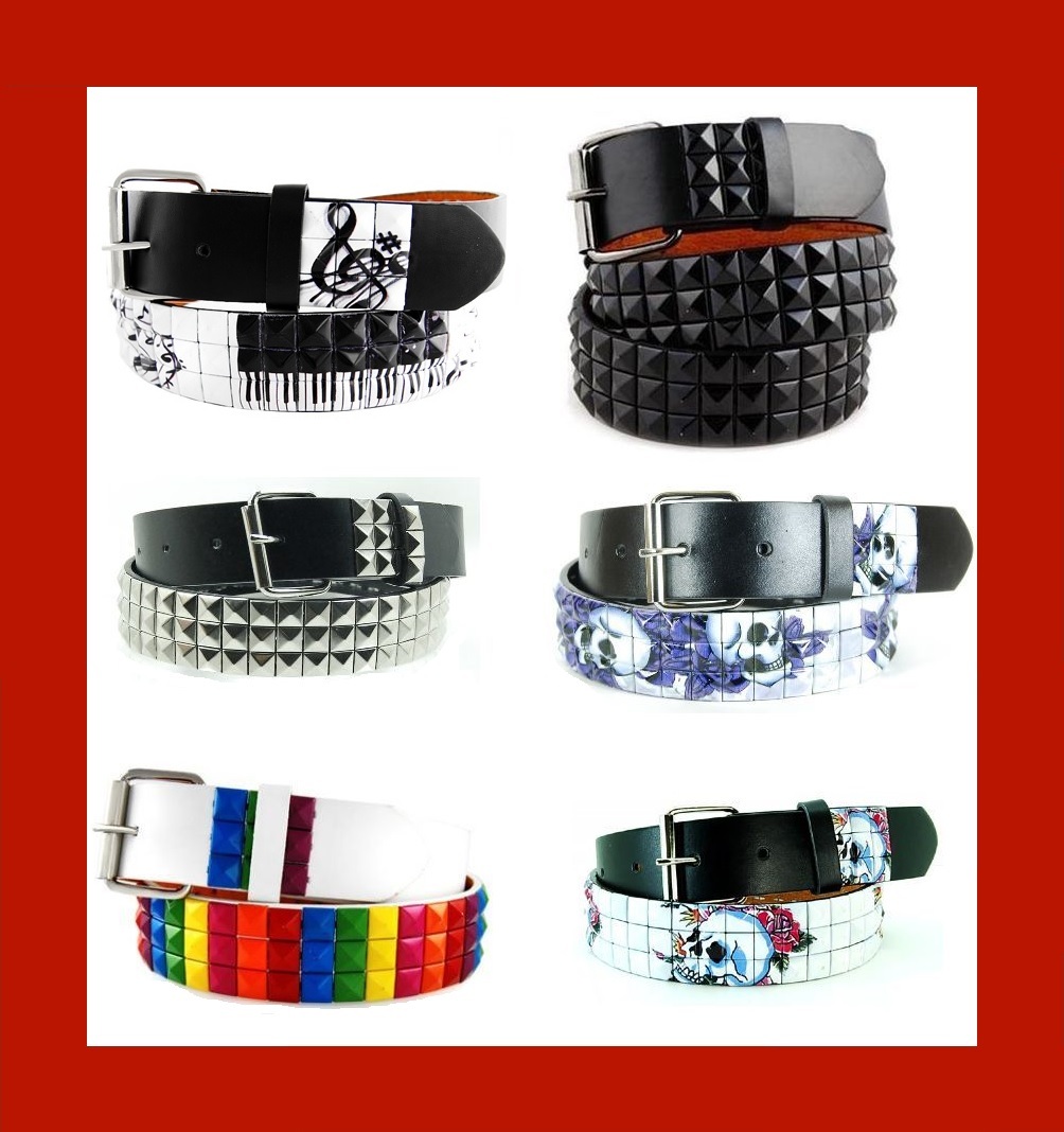 Various Unisex 3-Row Metal Pyramid Studded Leather Belt Mens