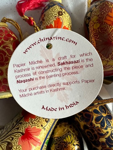 6 India Hanging Paper Mache Wood Bells Christmas Ornament Kashmir Red Gold Black - Picture 2 of 7