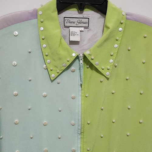 Vtg Diane Gilman Women's L Pastel Colorblock Beaded Full Zip Jacket Shoulder Pad - Picture 2 of 12