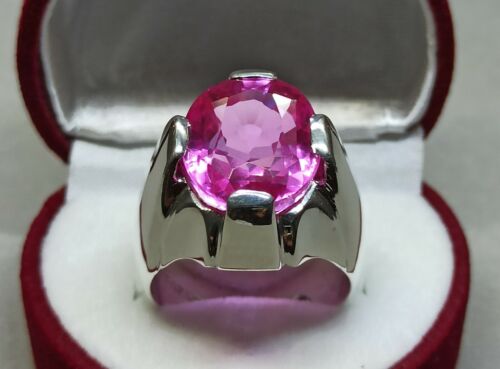 20 Carat Oval Cut Pink Topaz Mens Ring Sterling Silver 925 Handmade Topaz Ring - Picture 3 of 12