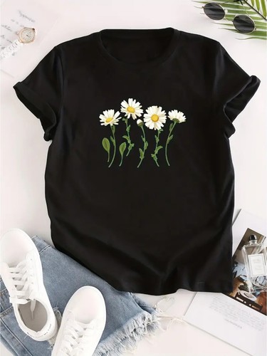Women's Chic Daisy Print T-Shirt - Crew Neck, Short Sleeve, Loose Fit Summer Top - Picture 9 of 12