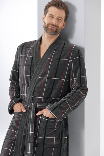 Cawö langer Bademantel 4853 für Herren Kimono, 56, anthrazit-rot, 100% Baumwolle - Bild 2 von 2