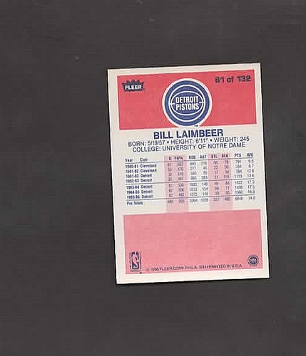 1986 Fleer #61 BILL LAIMBEER - Picture 2 of 2