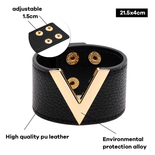 Simple V Word Wide Snap Bangle PU Leather Big Bracelets Statement Jewelry - Picture 13 of 22