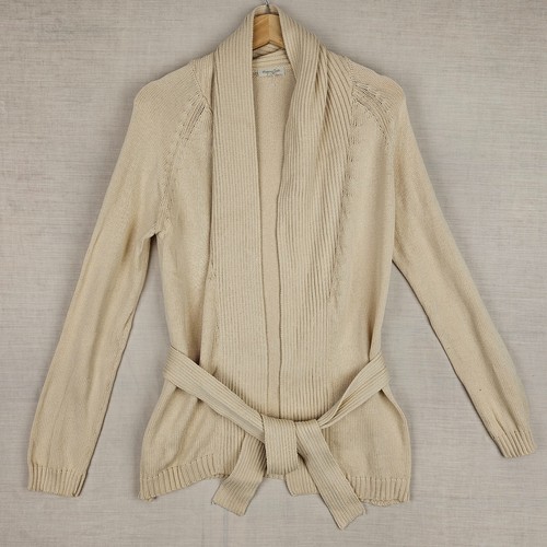 Massimo Dutti Women's Cardigan L Cream Open Tie Front Belted Knit Cotton Jumper