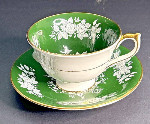 Taza de té y platillo de porcelana inglesa de hueso fino rosa blanca elevada verde Aynsley de colección - Imagen 4 de 15