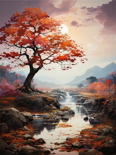 Red Tree with River 5mm thick Plastic Poster Ready to Hang 45x60cm - Picture 2 of 3